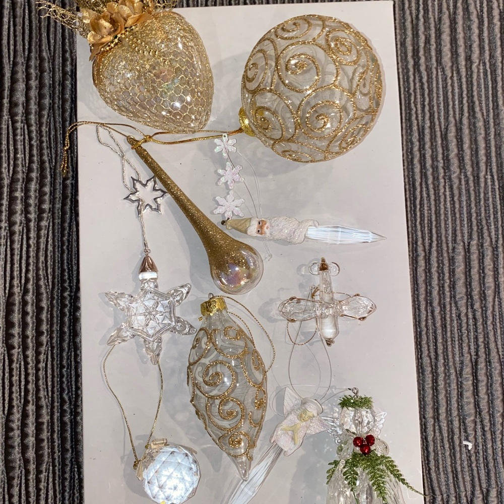 Holiday ornaments (glass, gold glitter accents)
